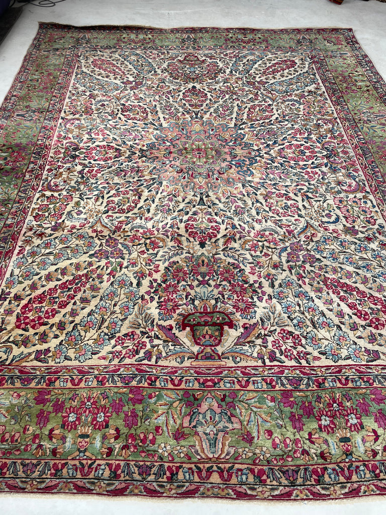 SOLD | MAGICAL Botanical Antique Kerman Lavar | Two-Toned GREEN Border with Purples & Beyond | 8.11 x 11.7