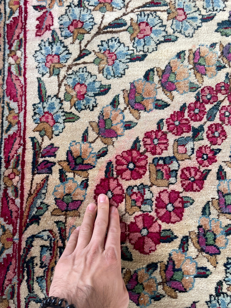 SOLD | MAGICAL Botanical Antique Kerman Lavar | Two-Toned GREEN Border with Purples & Beyond | 8.11 x 11.7