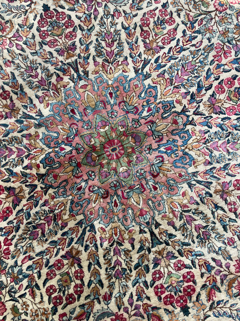 SOLD | MAGICAL Botanical Antique Kerman Lavar | Two-Toned GREEN Border with Purples & Beyond | 8.11 x 11.7