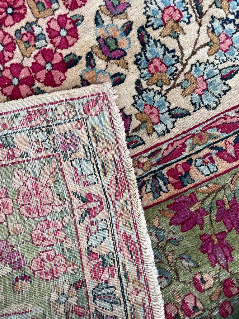 SOLD | MAGICAL Botanical Antique Kerman Lavar | Two-Toned GREEN Border with Purples & Beyond | 8.11 x 11.7
