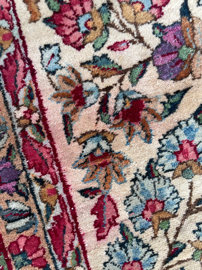 SOLD | MAGICAL Botanical Antique Kerman Lavar | Two-Toned GREEN Border with Purples & Beyond | 8.11 x 11.7