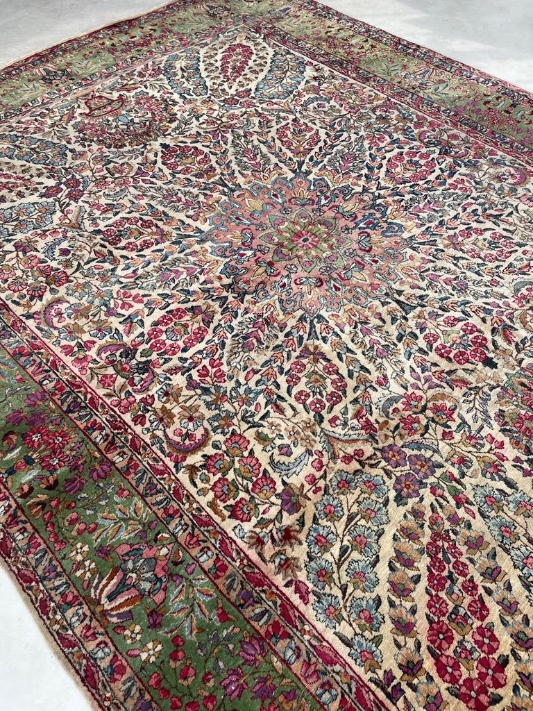 SOLD | MAGICAL Botanical Antique Kerman Lavar | Two-Toned GREEN Border with Purples & Beyond | 8.11 x 11.7