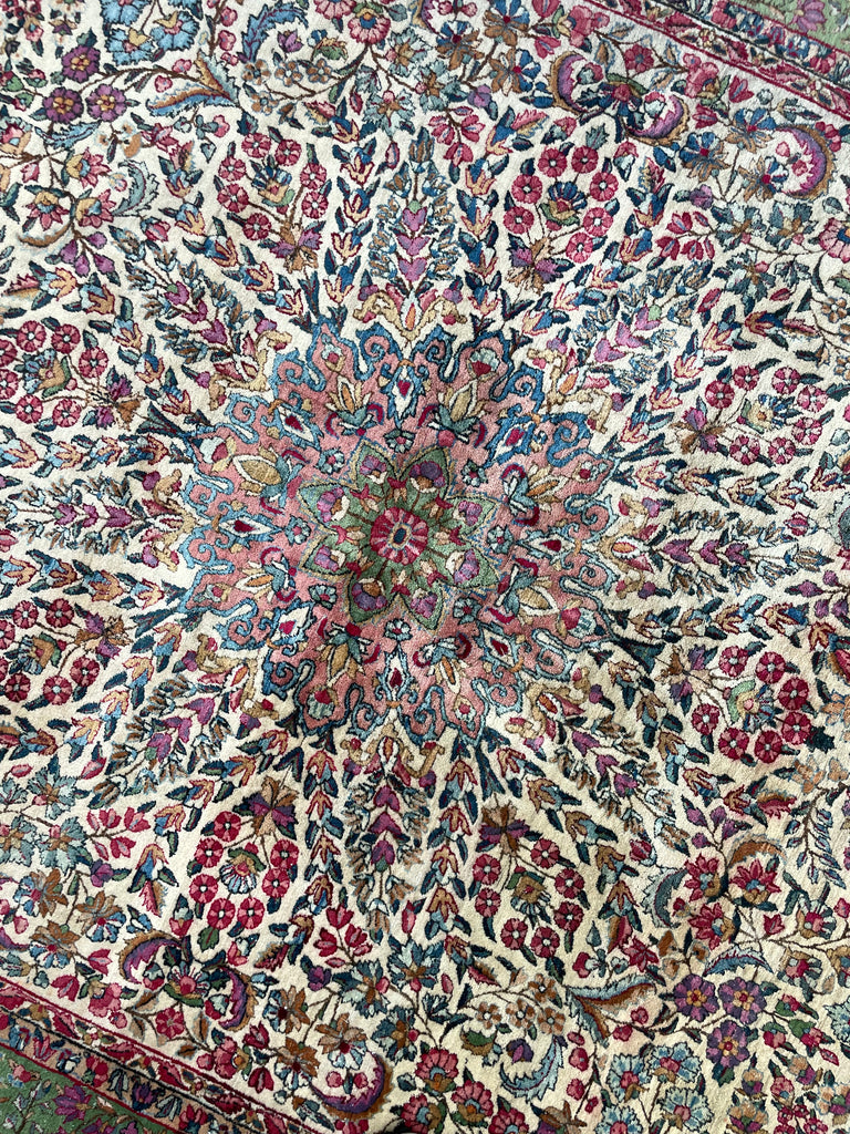 SOLD | MAGICAL Botanical Antique Kerman Lavar | Two-Toned GREEN Border with Purples & Beyond | 8.11 x 11.7