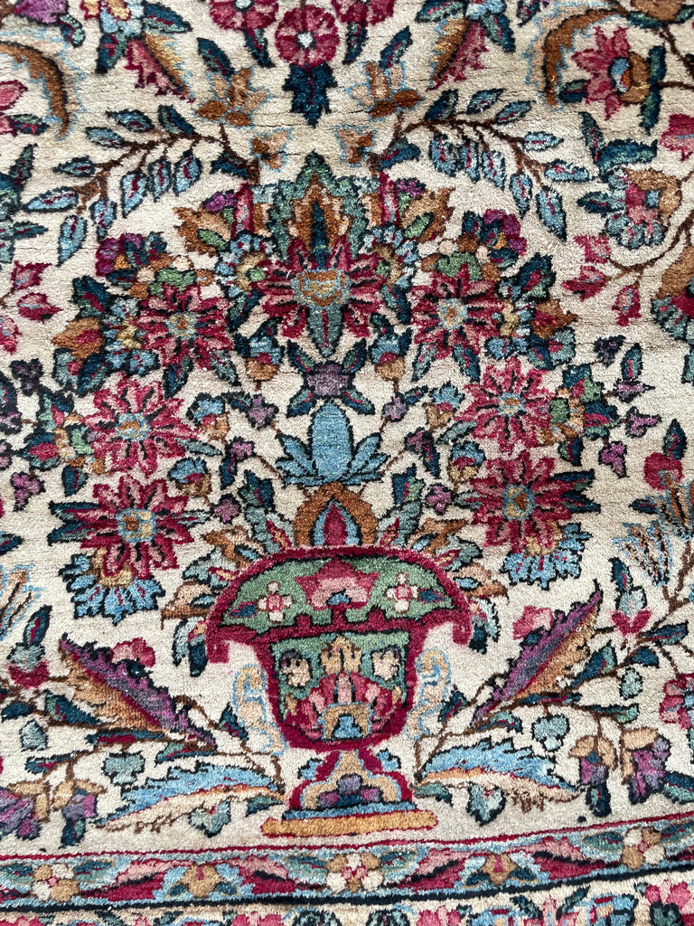 SOLD | MAGICAL Botanical Antique Kerman Lavar | Two-Toned GREEN Border with Purples & Beyond | 8.11 x 11.7
