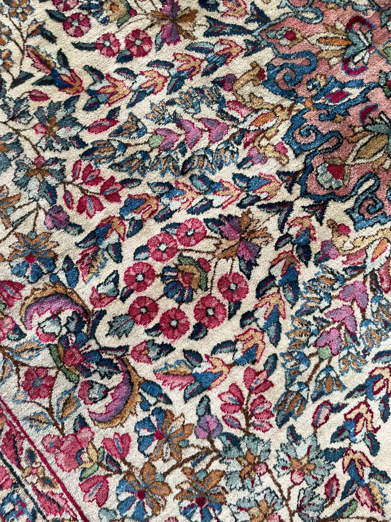 SOLD | MAGICAL Botanical Antique Kerman Lavar | Two-Toned GREEN Border with Purples & Beyond | 8.11 x 11.7