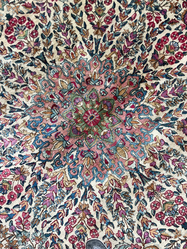 SOLD | MAGICAL Botanical Antique Kerman Lavar | Two-Toned GREEN Border with Purples & Beyond | 8.11 x 11.7