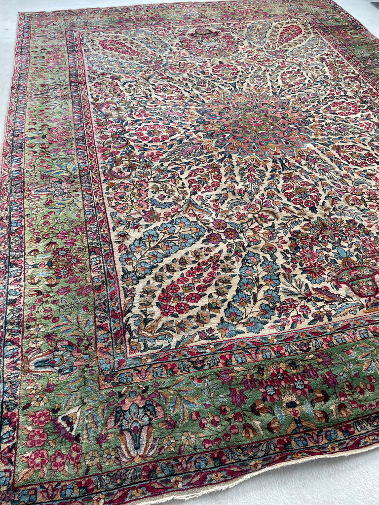SOLD | MAGICAL Botanical Antique Kerman Lavar | Two-Toned GREEN Border with Purples & Beyond | 8.11 x 11.7