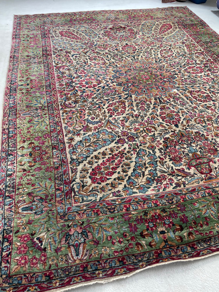 SOLD | MAGICAL Botanical Antique Kerman Lavar | Two-Toned GREEN Border with Purples & Beyond | 8.11 x 11.7