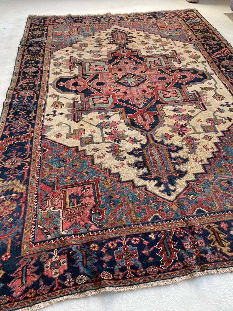 SOLD | STUNNING Antique Northwest "Serapi" Karaja | Ivory-Beige, Pastel Blues, Pink & Greens | 8.7 x 11.7