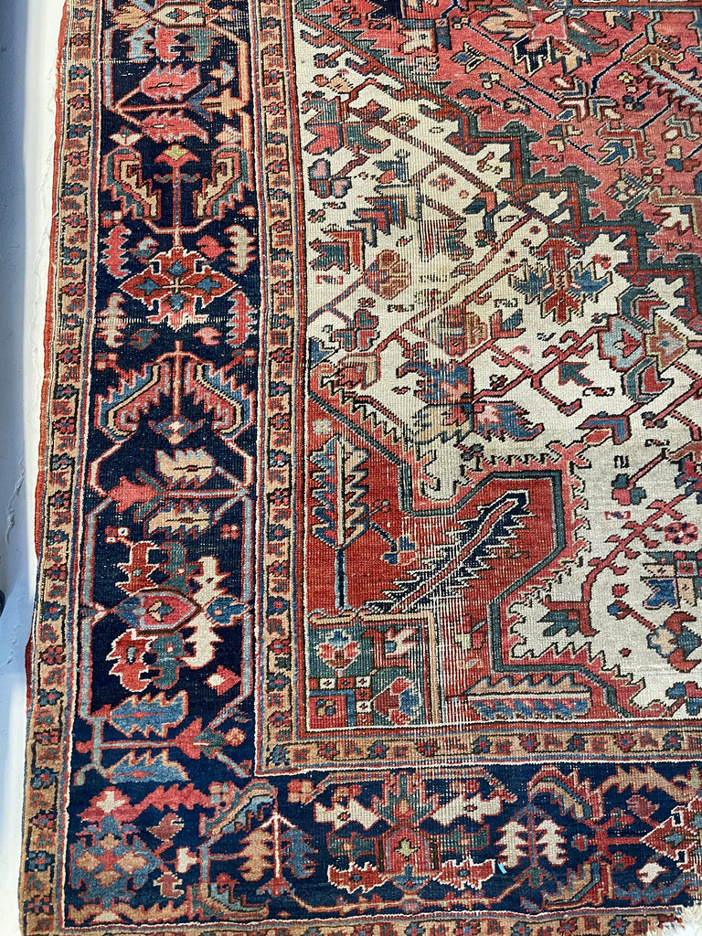 SOLD | Large Heriz Antique Rug  | Powerful Medallion & Geometric Design in RARE size | 9.4 x 13.4