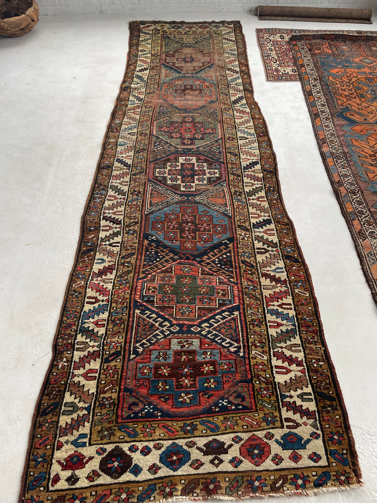 COLOR MASTERCLASS Antique Tribal Runner | Greens, Blues, Camel, Pinks, Eggplant | 3.6 x 11.4