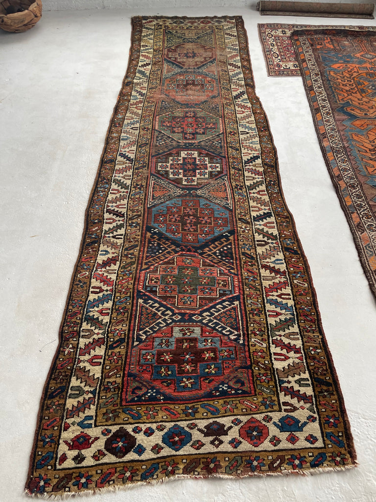 COLOR MASTERCLASS Antique Tribal Runner | Greens, Blues, Camel, Pinks, Eggplant | 3.6 x 11.4