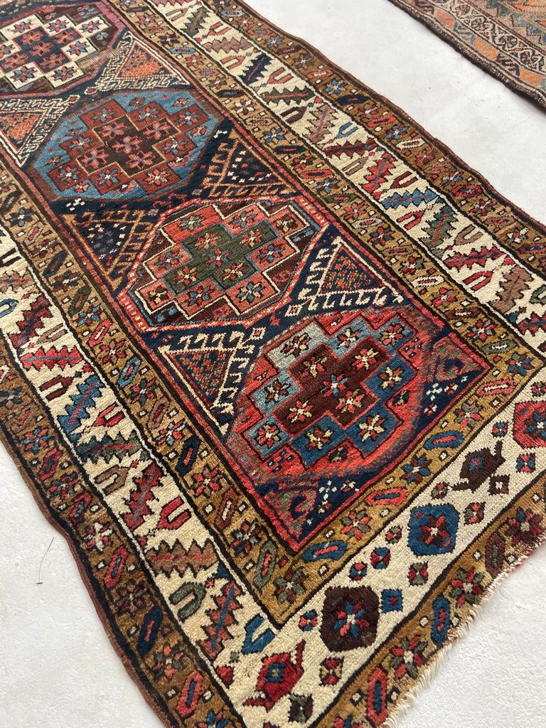 COLOR MASTERCLASS Antique Tribal Runner | Greens, Blues, Camel, Pinks, Eggplant | 3.6 x 11.4