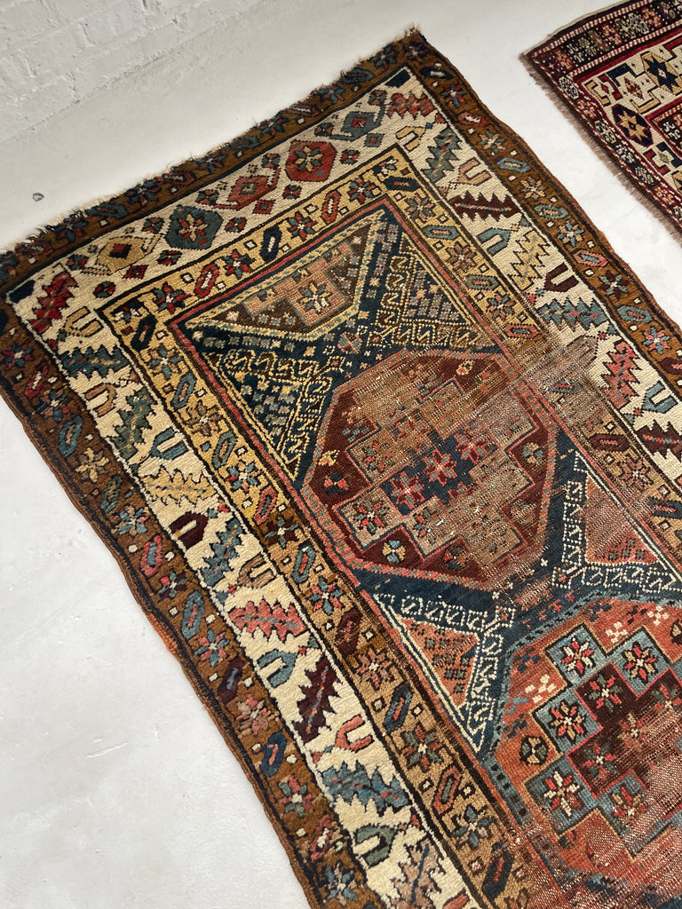 COLOR MASTERCLASS Antique Tribal Runner | Greens, Blues, Camel, Pinks, Eggplant | 3.6 x 11.4