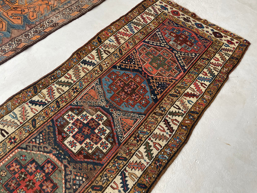 COLOR MASTERCLASS Antique Tribal Runner | Greens, Blues, Camel, Pinks, Eggplant | 3.6 x 11.4