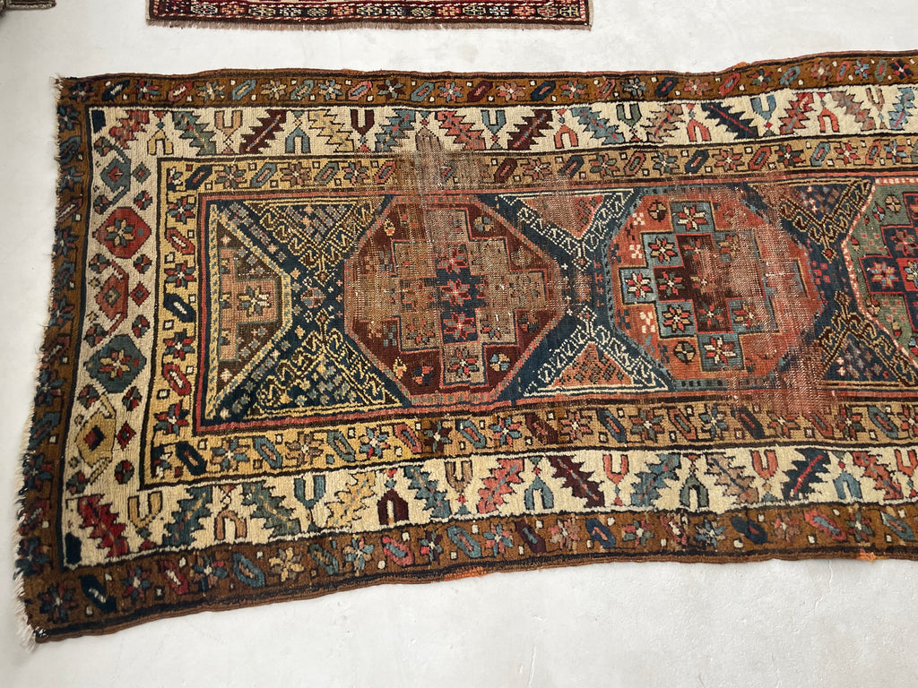 COLOR MASTERCLASS Antique Tribal Runner | Greens, Blues, Camel, Pinks, Eggplant | 3.6 x 11.4