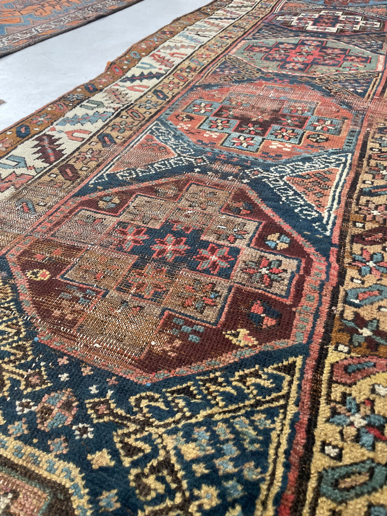 COLOR MASTERCLASS Antique Tribal Runner | Greens, Blues, Camel, Pinks, Eggplant | 3.6 x 11.4
