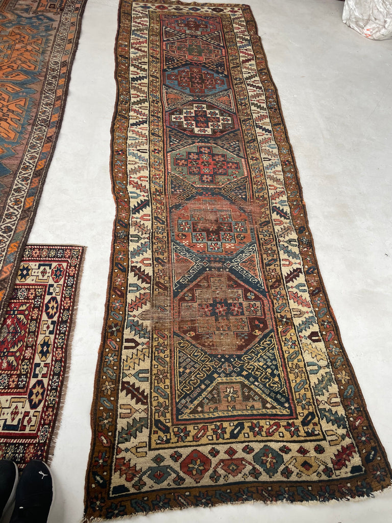 COLOR MASTERCLASS Antique Tribal Runner | Greens, Blues, Camel, Pinks, Eggplant | 3.6 x 11.4
