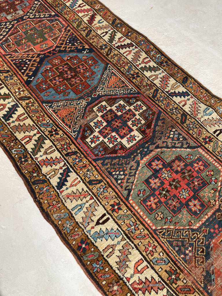 COLOR MASTERCLASS Antique Tribal Runner | Greens, Blues, Camel, Pinks, Eggplant | 3.6 x 11.4