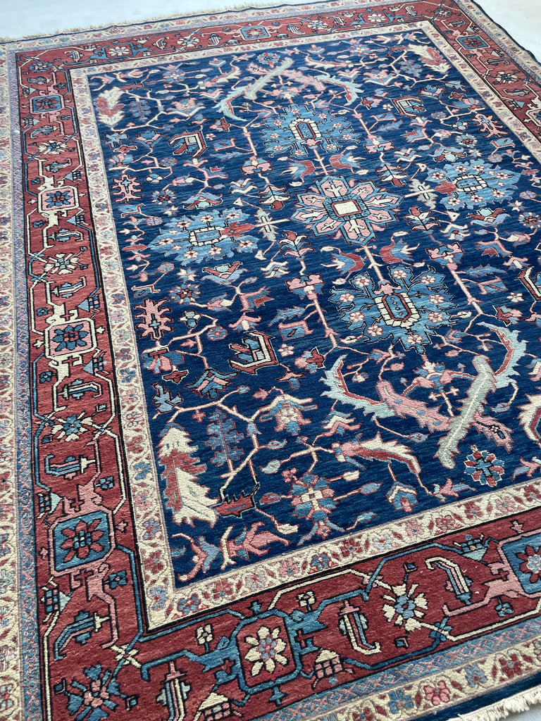SOLD | BRILLIANT Vintage Flat-weave Sumac | Serapi-Heriz Design Marbling Midnight Blues with Seafoam & Pink | 7.10 x 9.11