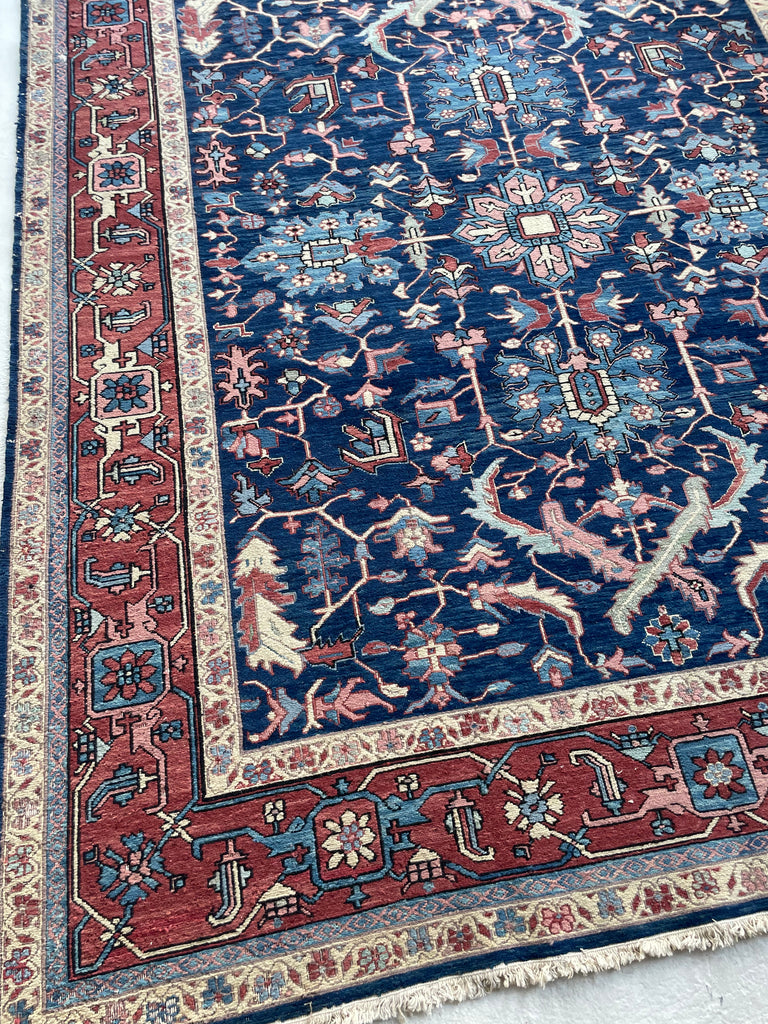 SOLD | BRILLIANT Vintage Flat-weave Sumac | Serapi-Heriz Design Marbling Midnight Blues with Seafoam & Pink | 7.10 x 9.11