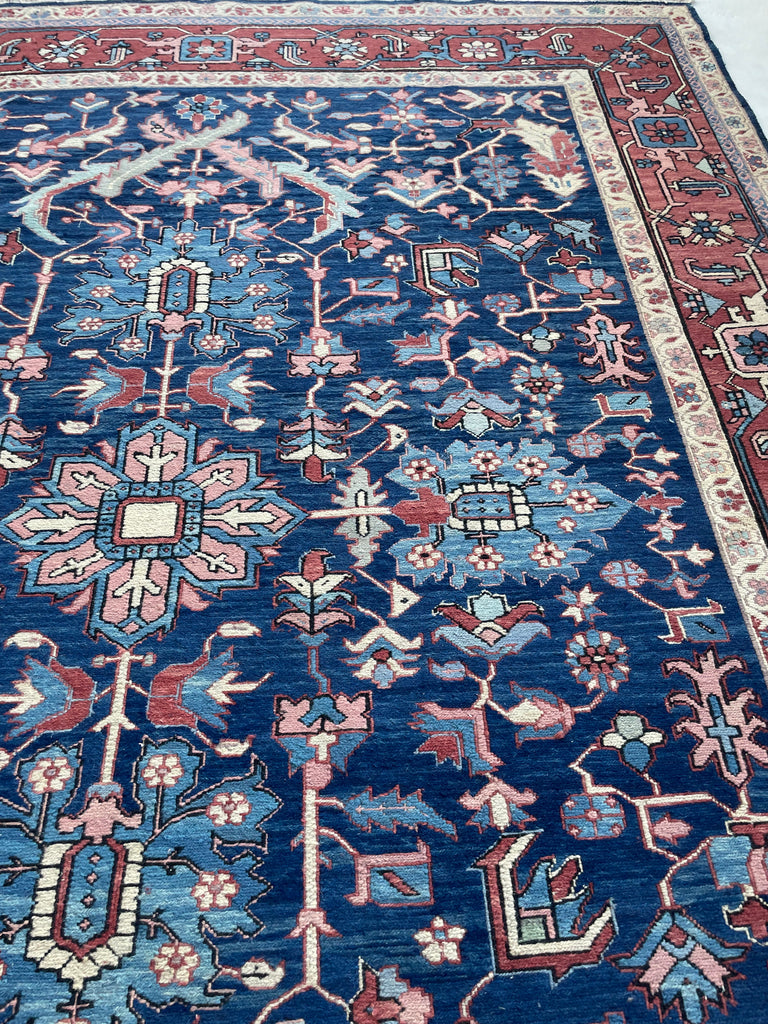 SOLD | BRILLIANT Vintage Flat-weave Sumac | Serapi-Heriz Design Marbling Midnight Blues with Seafoam & Pink | 7.10 x 9.11