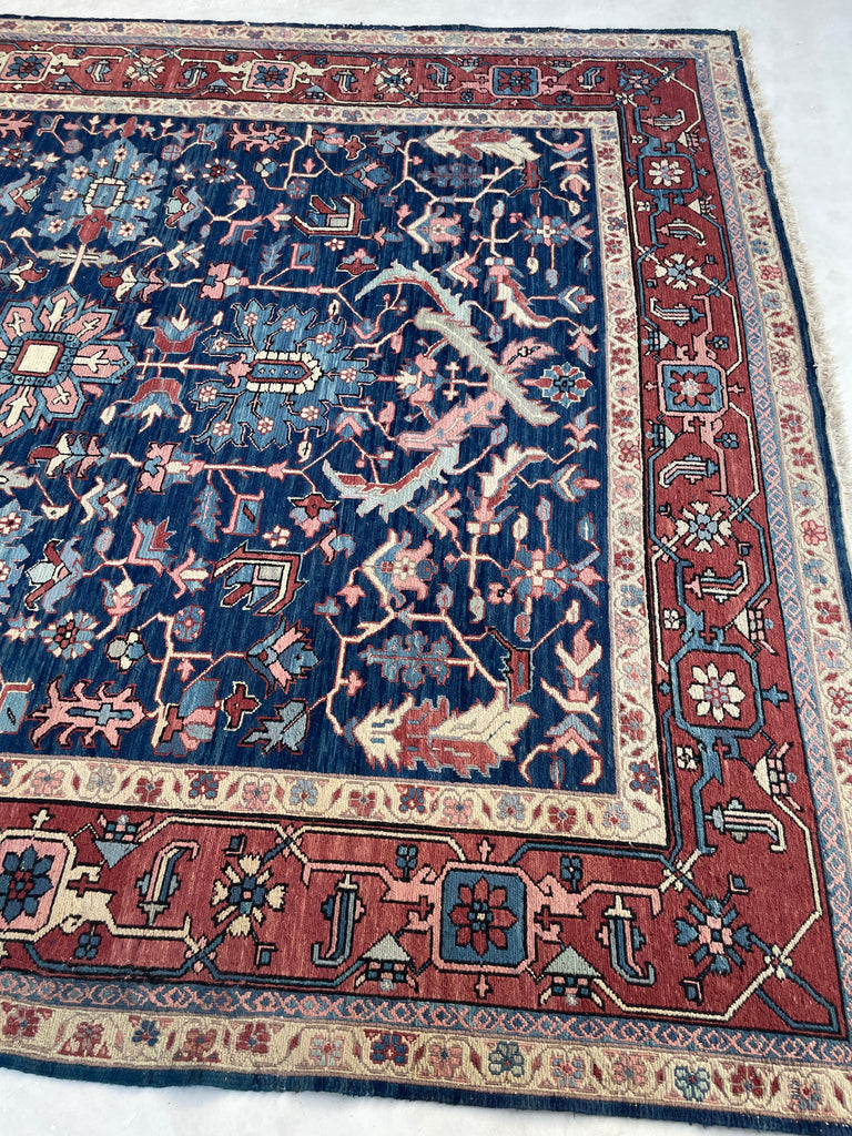 SOLD | BRILLIANT Vintage Flat-weave Sumac | Serapi-Heriz Design Marbling Midnight Blues with Seafoam & Pink | 7.10 x 9.11