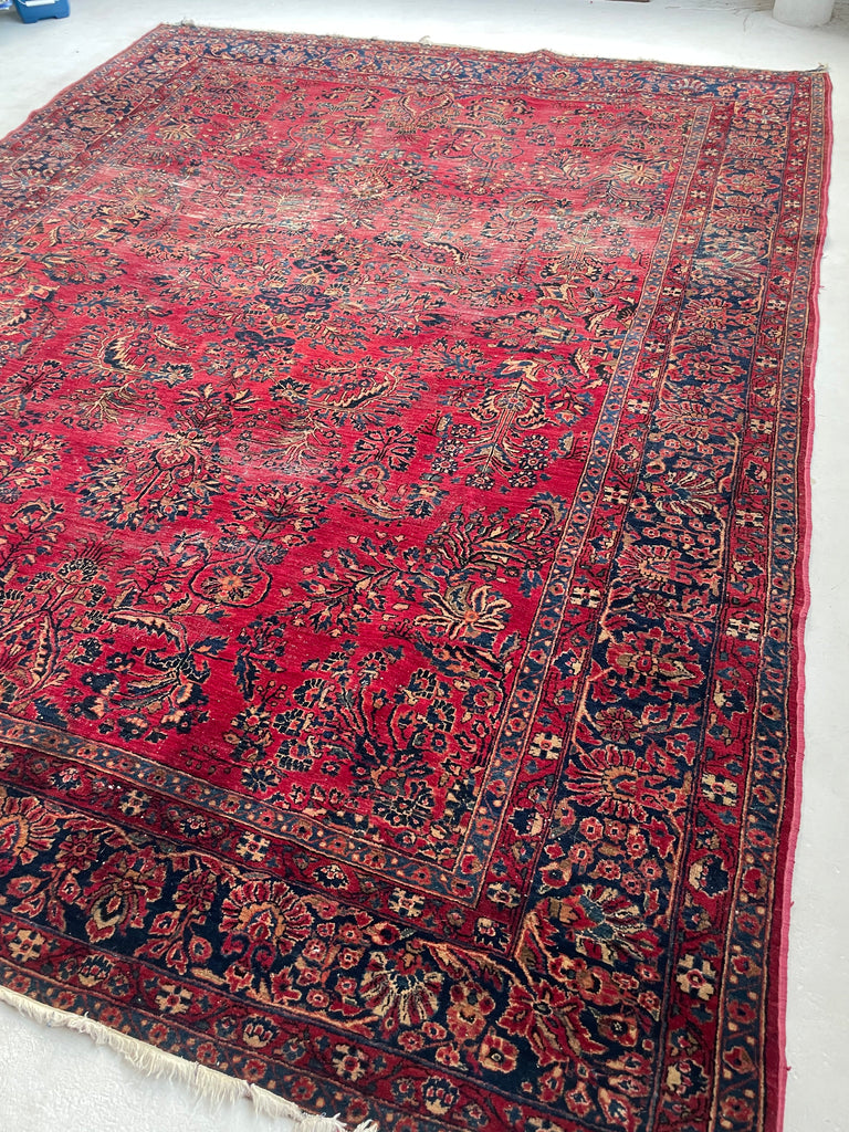 LOVELY Botanical Distressed Antique Persian Sarouk | Berry, Pomegranate, Sangria & more | 9 x 11.7