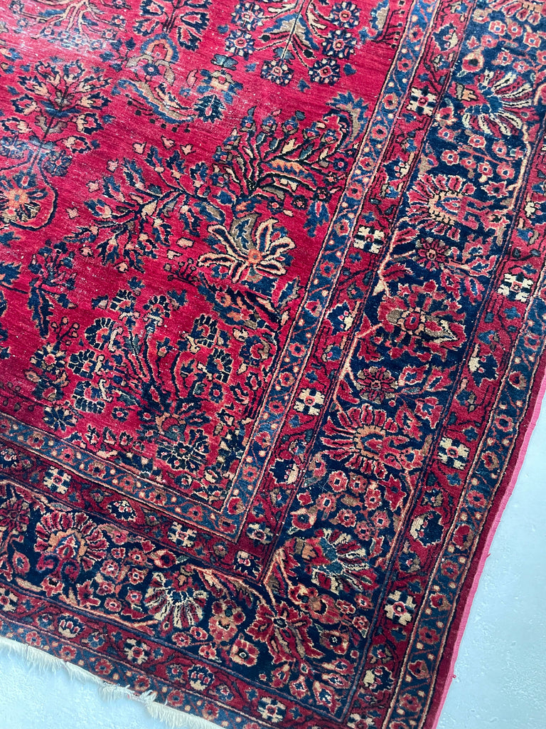 LOVELY Botanical Distressed Antique Persian Sarouk | Berry, Pomegranate, Sangria & more | 9 x 11.7