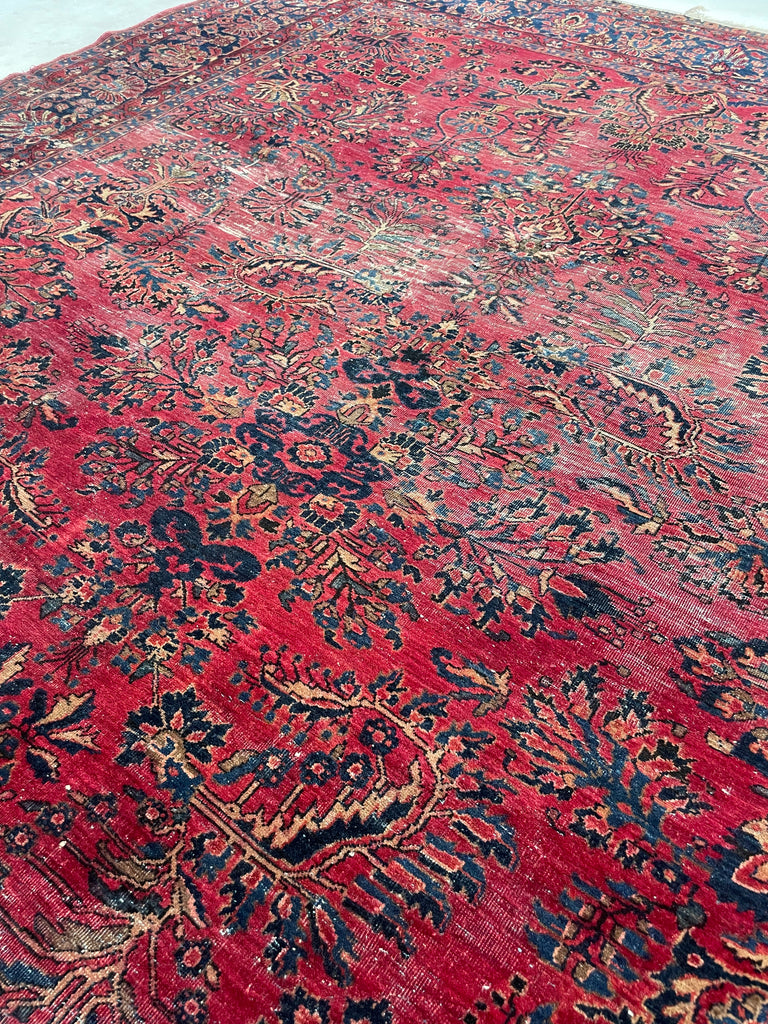 LOVELY Botanical Distressed Antique Persian Sarouk | Berry, Pomegranate, Sangria & more | 9 x 11.7