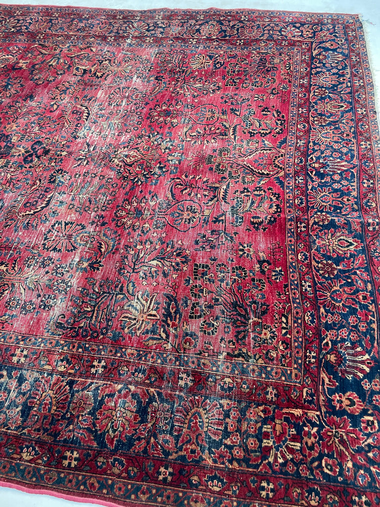 LOVELY Botanical Distressed Antique Persian Sarouk | Berry, Pomegranate, Sangria & more | 9 x 11.7