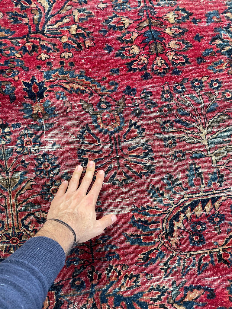 LOVELY Botanical Distressed Antique Persian Sarouk | Berry, Pomegranate, Sangria & more | 9 x 11.7