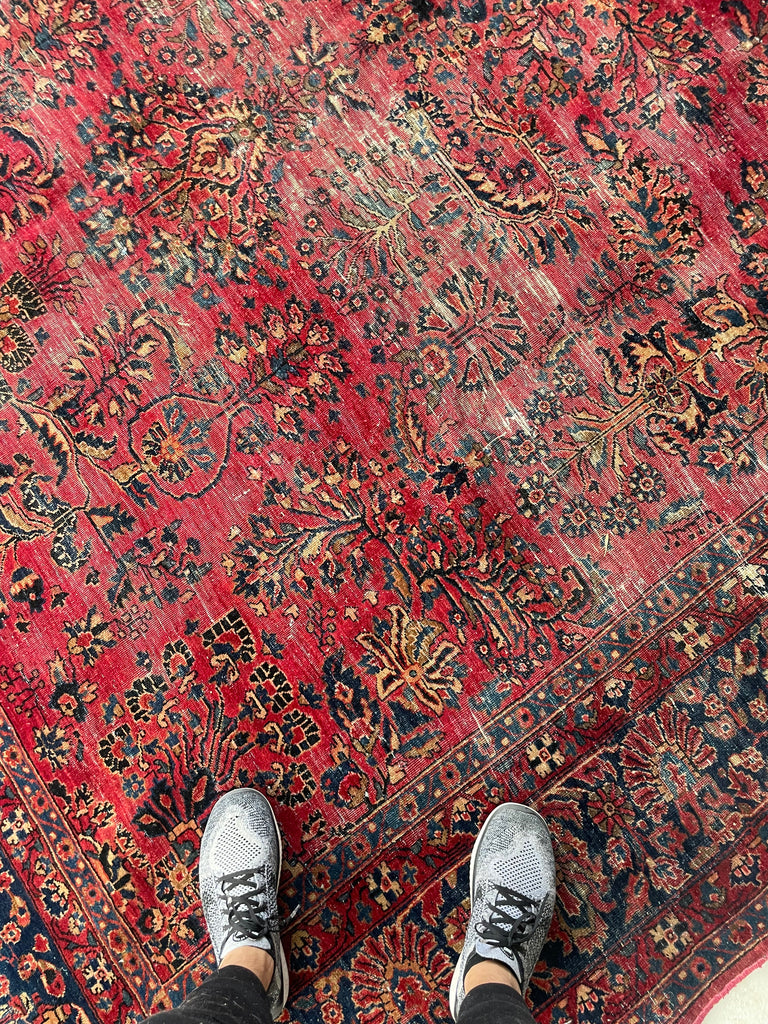 LOVELY Botanical Distressed Antique Persian Sarouk | Berry, Pomegranate, Sangria & more | 9 x 11.7