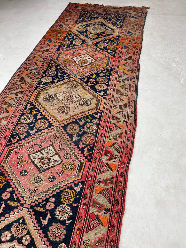 DIVINE Wide Antique Runner | SUNSET COLORS with Family of Sheep & Birds Woven in | 4.4 x 12.4