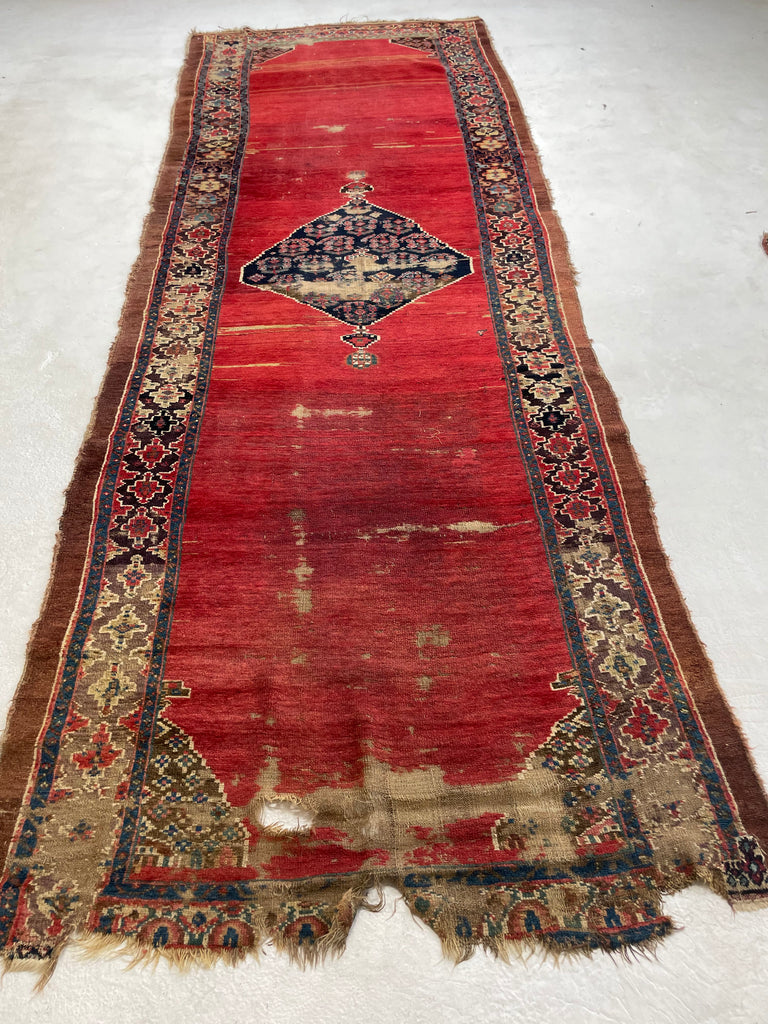 Late 19th Century ANCIENT Kurdish Runner | Glorious Reds, Aubergine, Emerald Greens | 4.3 x 11.10