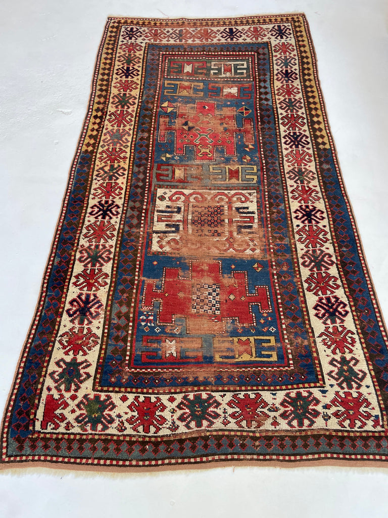 HANDSOME Antique Kazak Rug | Character-Rich with Iconic Fence of Protection Perimeter | 4.3 x 8