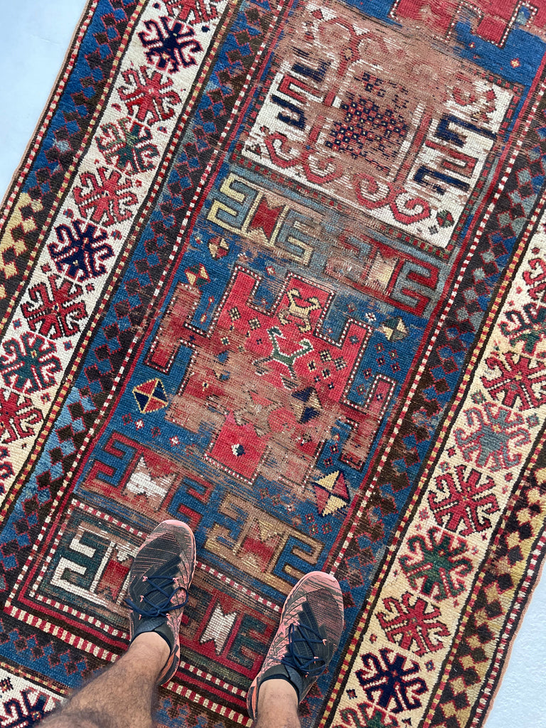 HANDSOME Antique Kazak Rug | Character-Rich with Iconic Fence of Protection Perimeter | 4.3 x 8