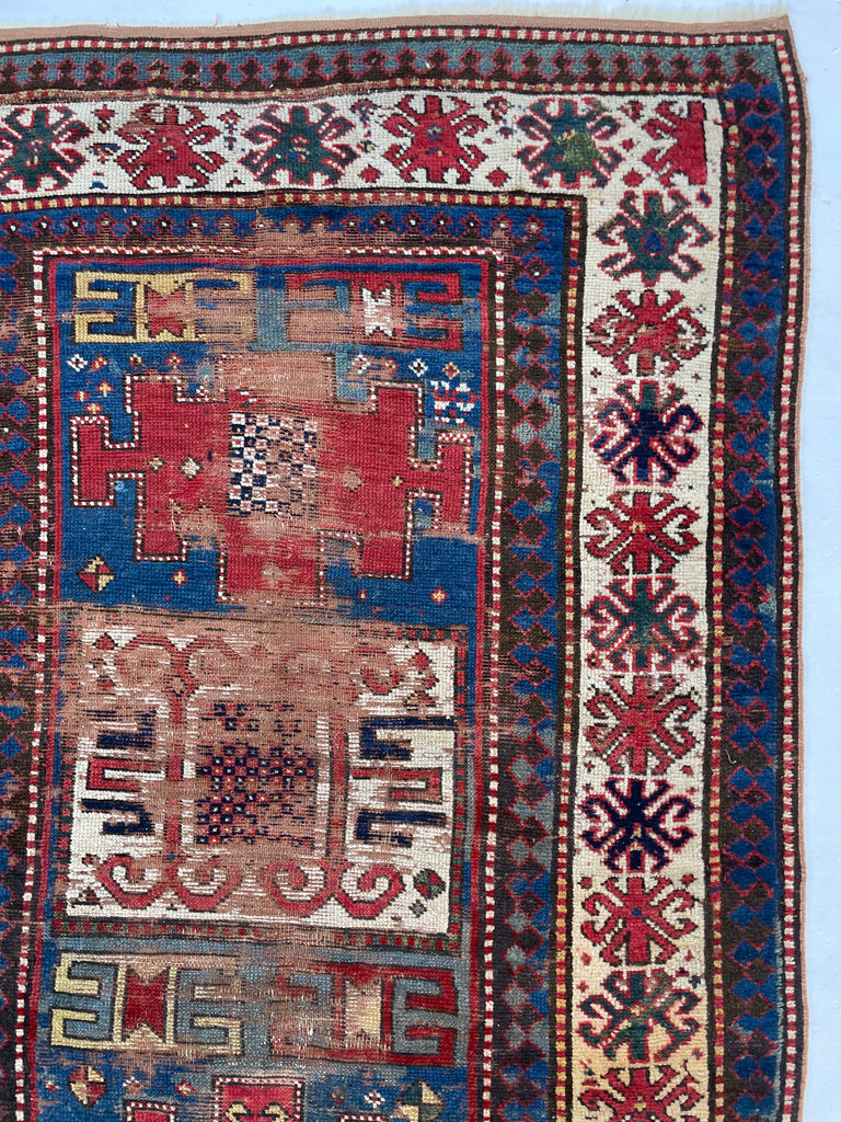 HANDSOME Antique Kazak Rug | Character-Rich with Iconic Fence of Protection Perimeter | 4.3 x 8
