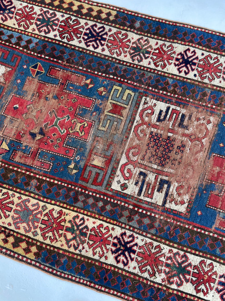 HANDSOME Antique Kazak Rug | Character-Rich with Iconic Fence of Protection Perimeter | 4.3 x 8