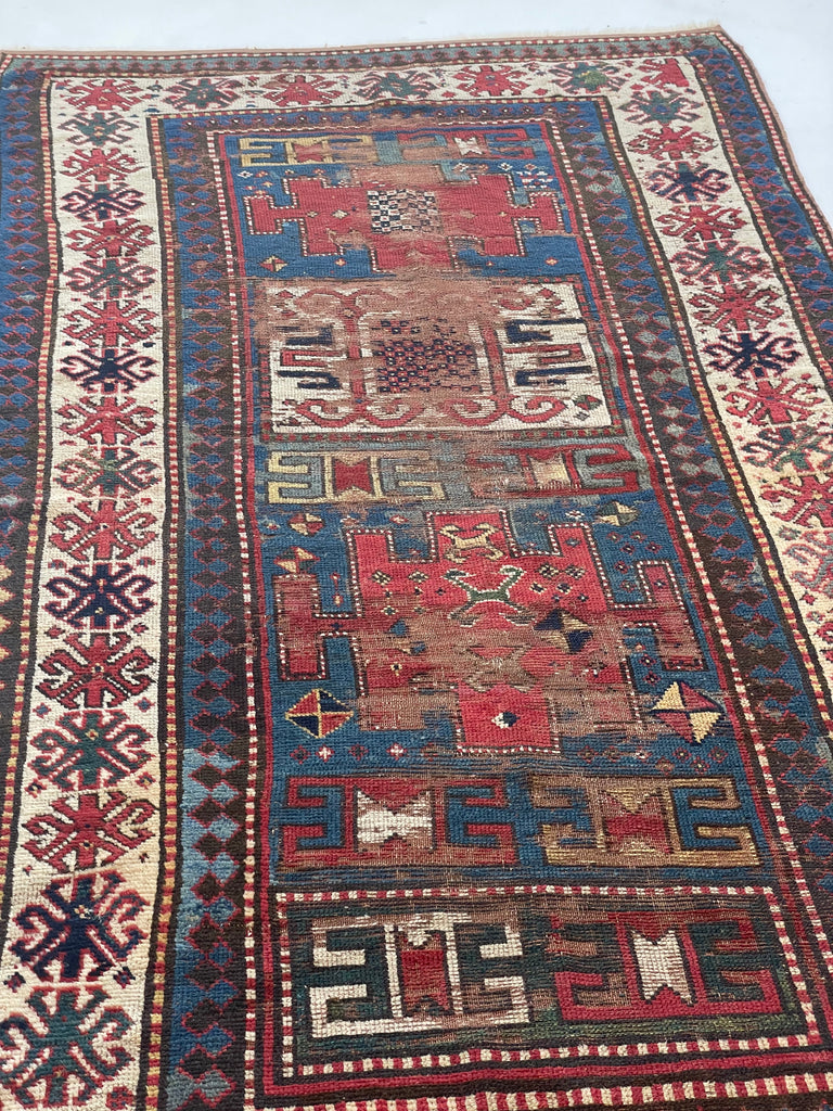 HANDSOME Antique Kazak Rug | Character-Rich with Iconic Fence of Protection Perimeter | 4.3 x 8