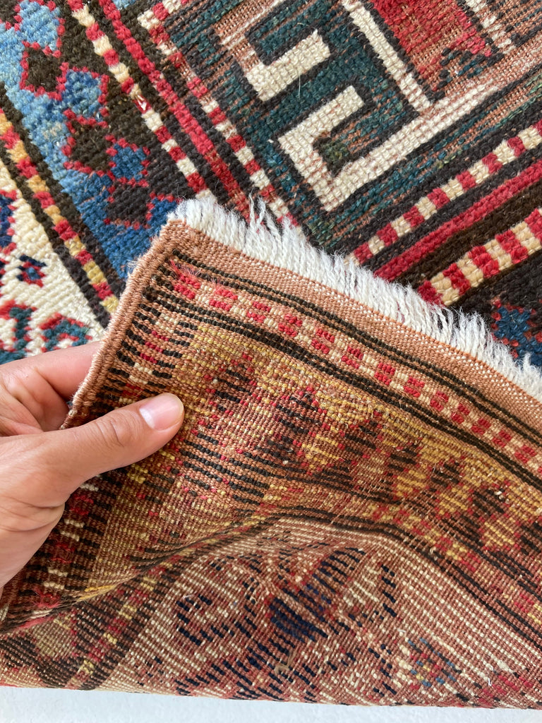 HANDSOME Antique Kazak Rug | Character-Rich with Iconic Fence of Protection Perimeter | 4.3 x 8