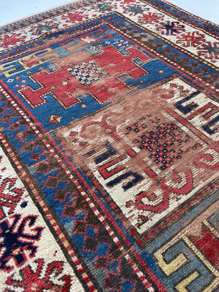 HANDSOME Antique Kazak Rug | Character-Rich with Iconic Fence of Protection Perimeter | 4.3 x 8