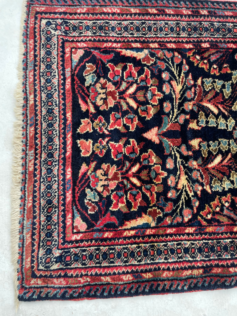 VELVET-SOFT Lamb Wool Vintage Sarouk | Botanical Beauty with Indigo, Strawberry & Teal | 2.2 x 4