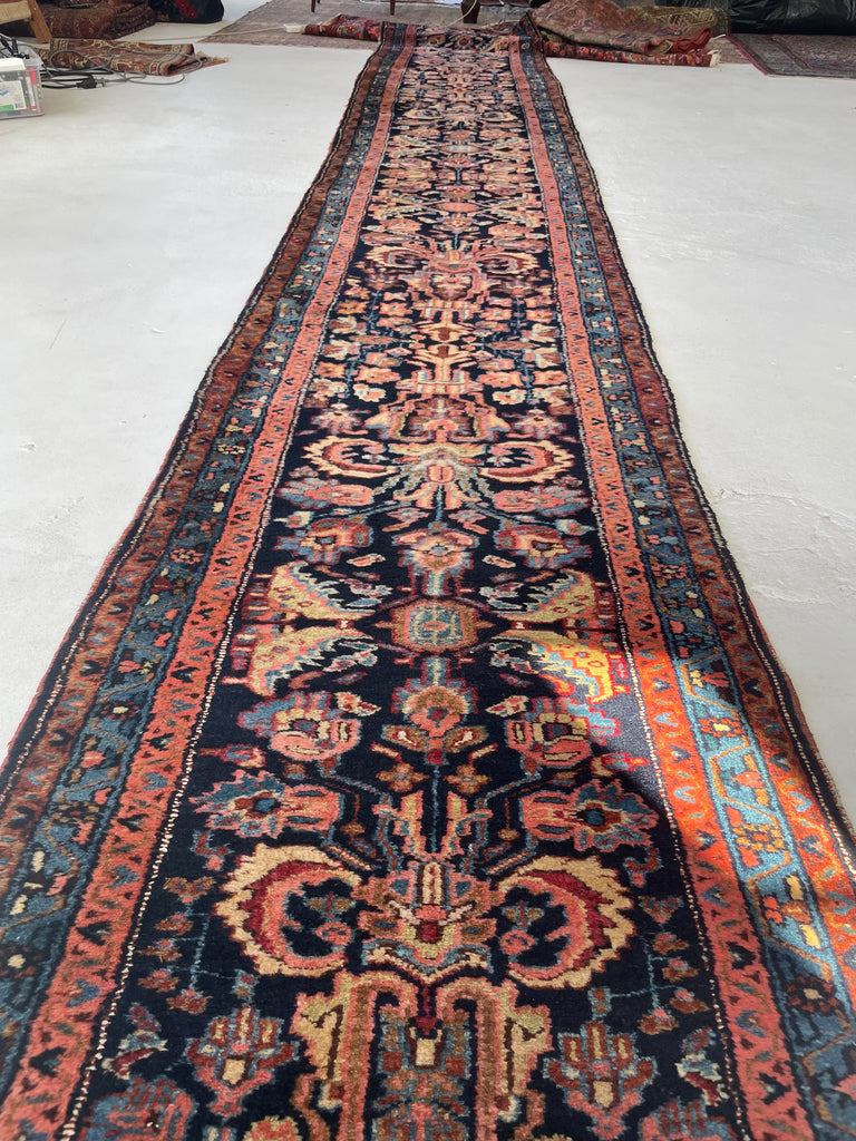 PLUSH FULL PILE Long & Narrow Antique Runner | Amazing Navy, Beige, Salmon, Honey | 2.6 x 17