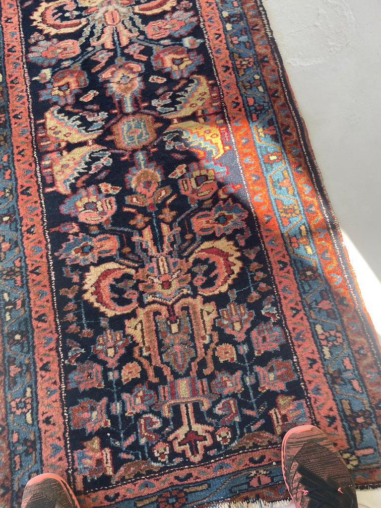 PLUSH FULL PILE Long & Narrow Antique Runner | Amazing Navy, Beige, Salmon, Honey | 2.6 x 17