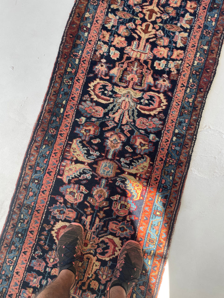 PLUSH FULL PILE Long & Narrow Antique Runner | Amazing Navy, Beige, Salmon, Honey | 2.6 x 17