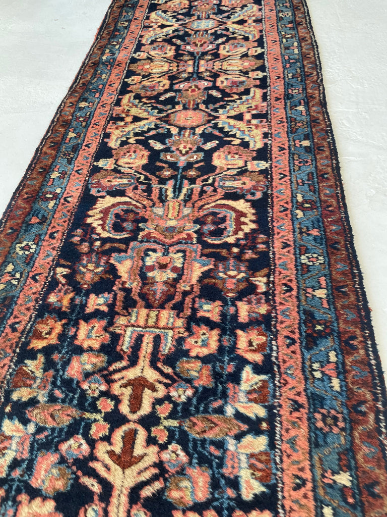 PLUSH FULL PILE Long & Narrow Antique Runner | Amazing Navy, Beige, Salmon, Honey | 2.6 x 17