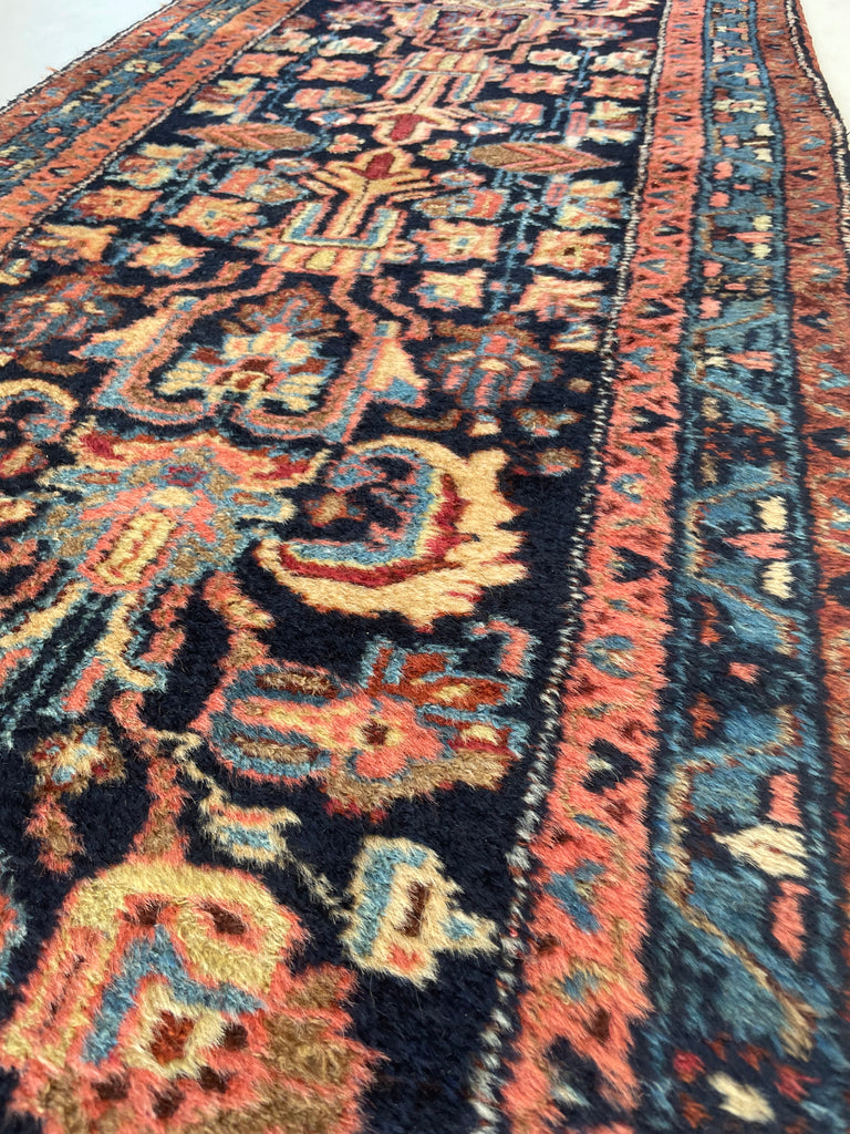 PLUSH FULL PILE Long & Narrow Antique Runner | Amazing Navy, Beige, Salmon, Honey | 2.6 x 17