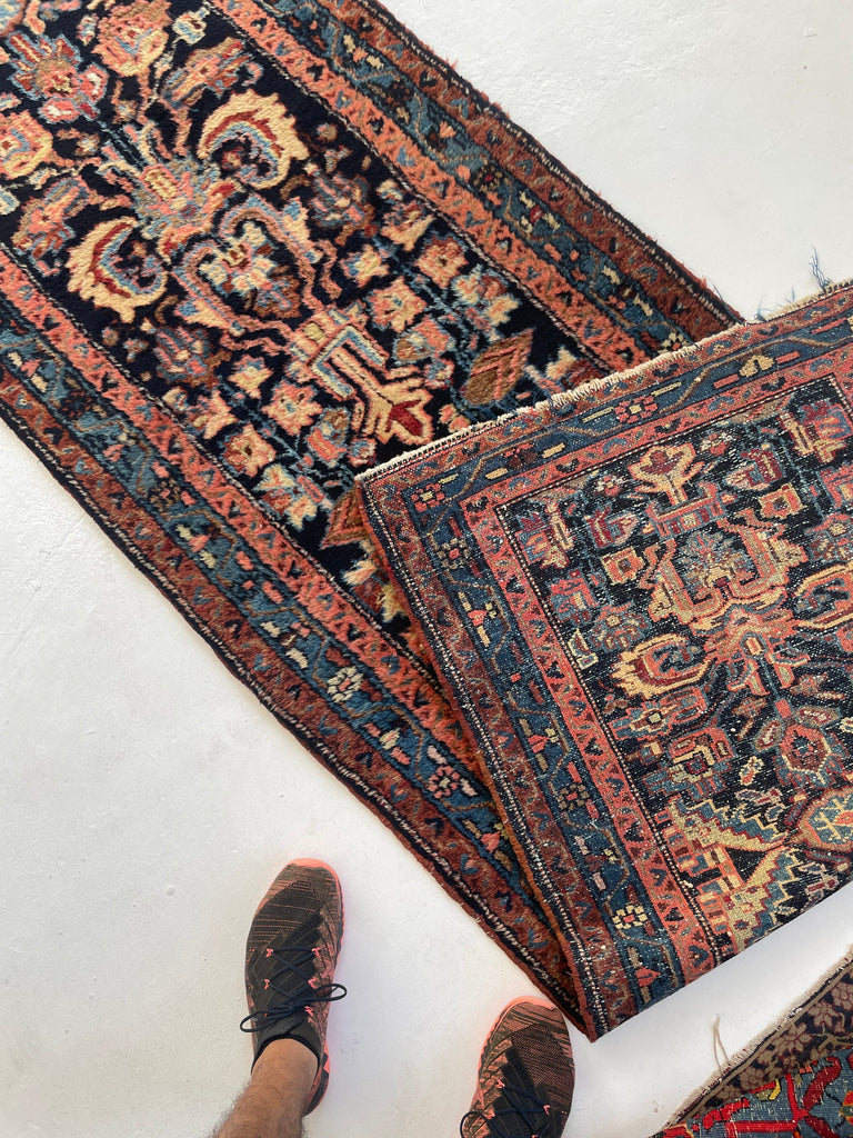 PLUSH FULL PILE Long & Narrow Antique Runner | Amazing Navy, Beige, Salmon, Honey | 2.6 x 17