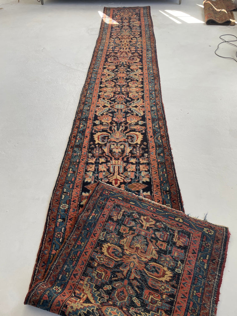 PLUSH FULL PILE Long & Narrow Antique Runner | Amazing Navy, Beige, Salmon, Honey | 2.6 x 17